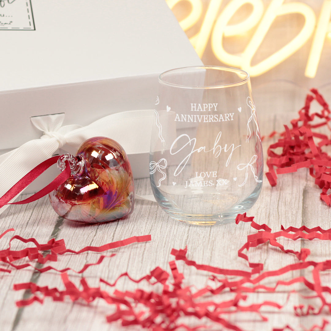 Happy Wedding Anniversary Bows and Hearts Stemless Glass