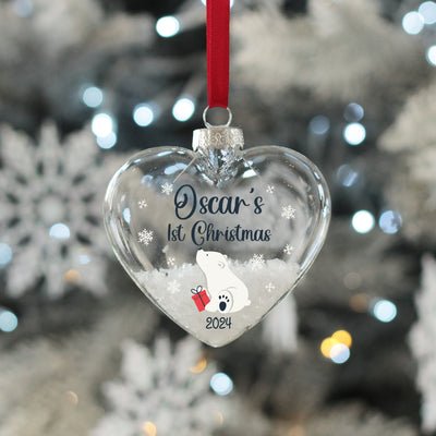 Heart Polar Bear Baby's 1st Christmas Snow filled Glass Bauble-Love Lumi Ltd