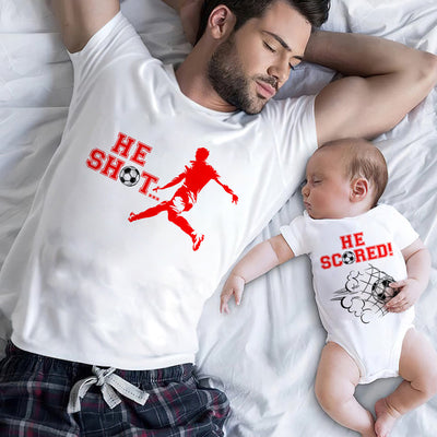 He Shot He Scored Football Dad T-Shirt and Baby Grow Set