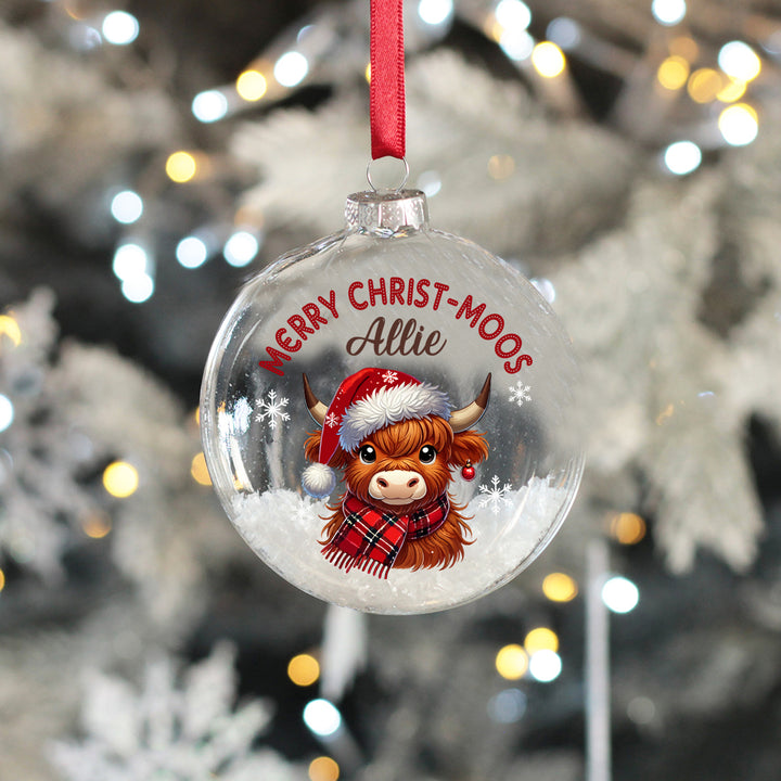 Highland Cow Christmas Snow filled Glass Bauble