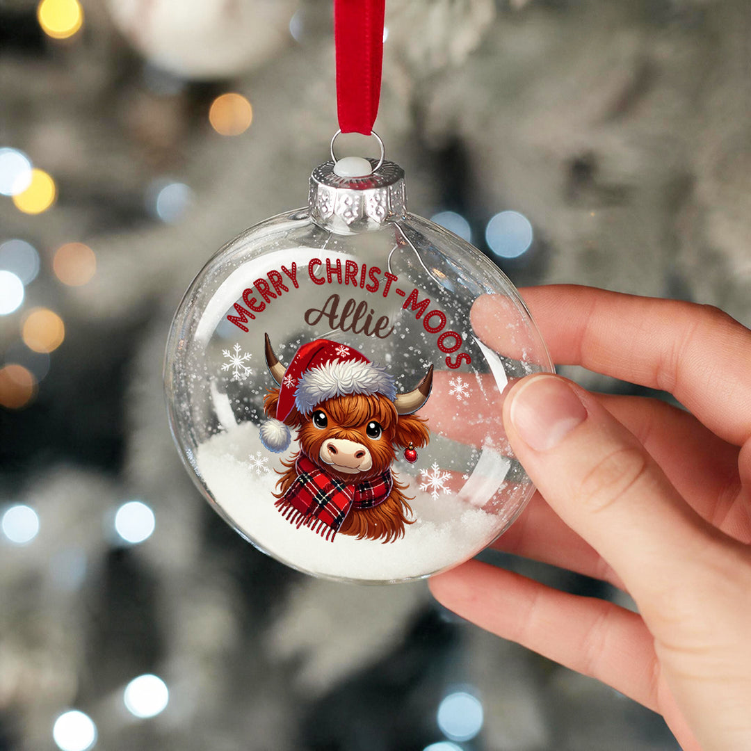 Highland Cow Christmas Snow filled Glass Bauble