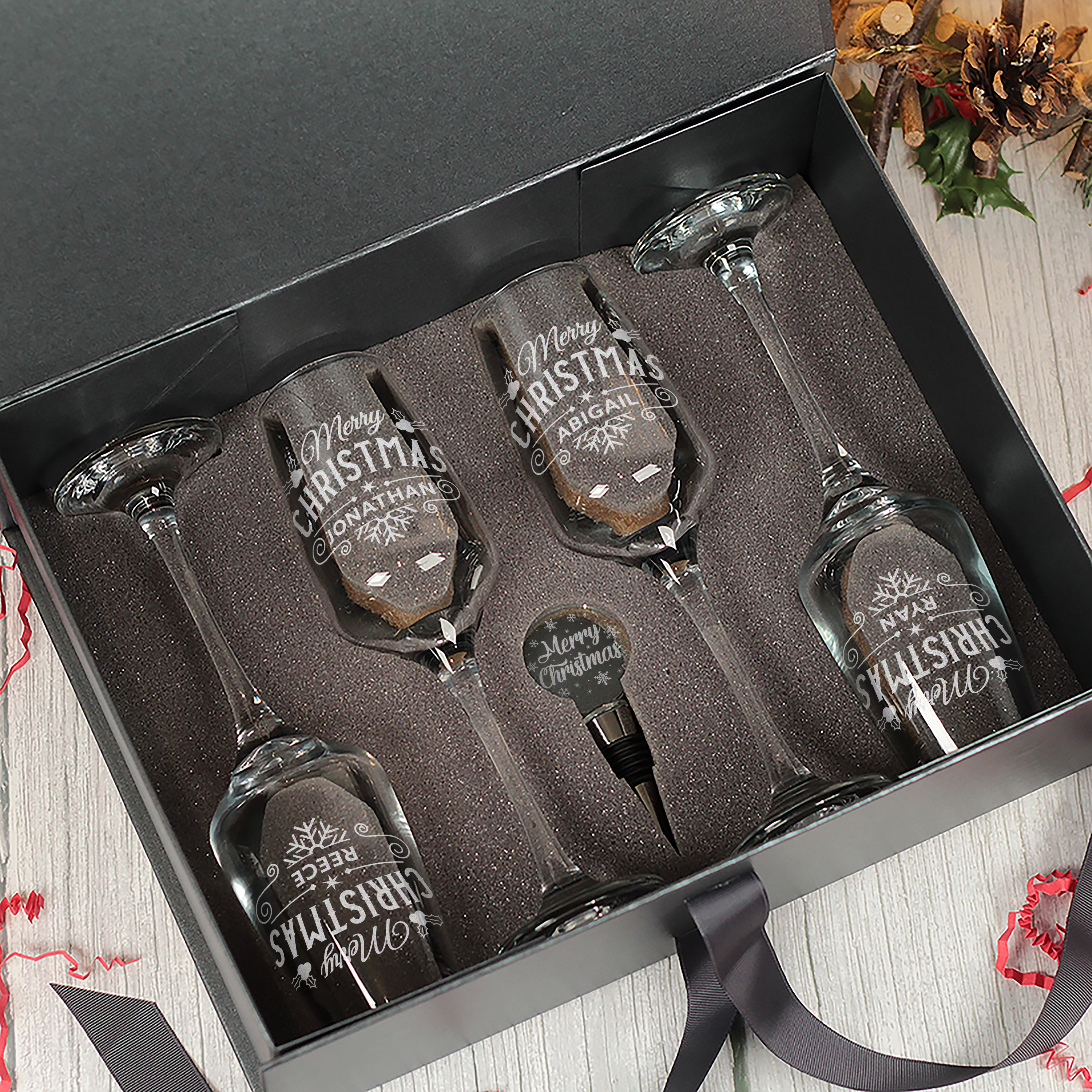 Christmas Holly and Snowflake Champagne Flutes and glass topped bottle stopper gift set