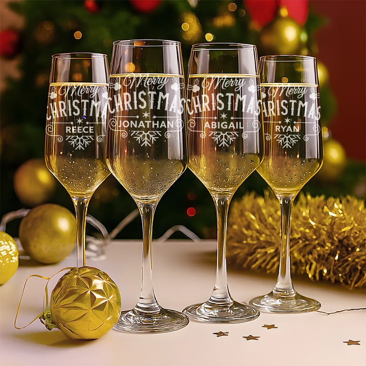 Christmas Holly and Snowflake Champagne Flutes and glass topped bottle stopper gift set
