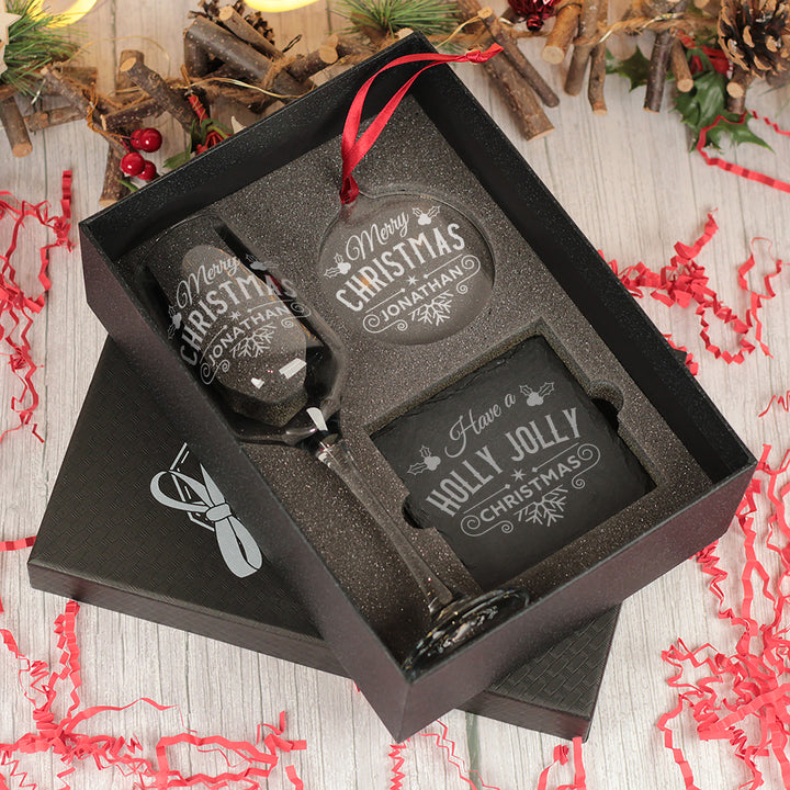 Christmas Holly and Snowflake Champagne Flute with Coaster and Decoration Gift Set