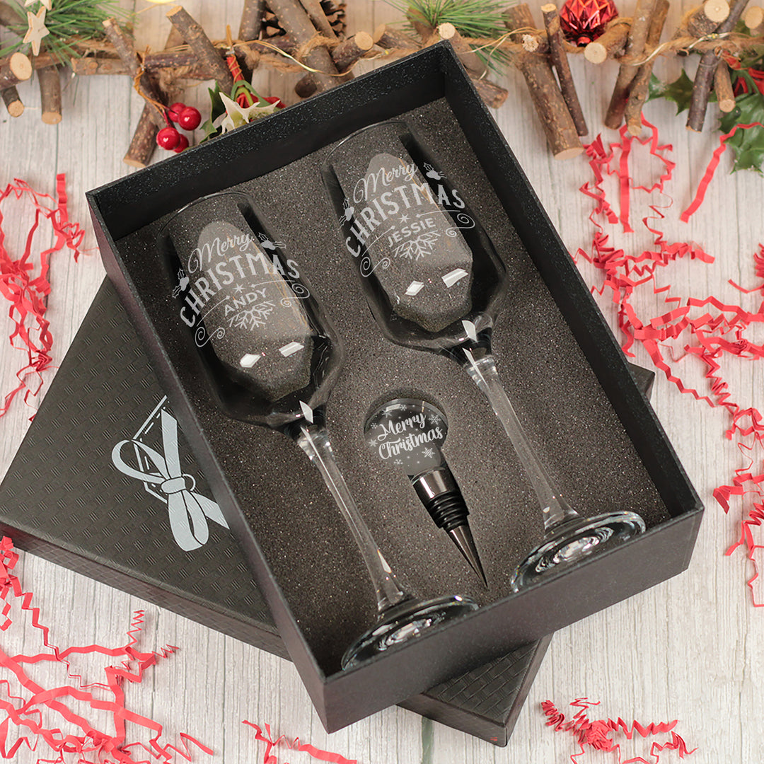 Christmas Holly and Snowflake Champagne Flutes and glass topped bottle stopper gift set