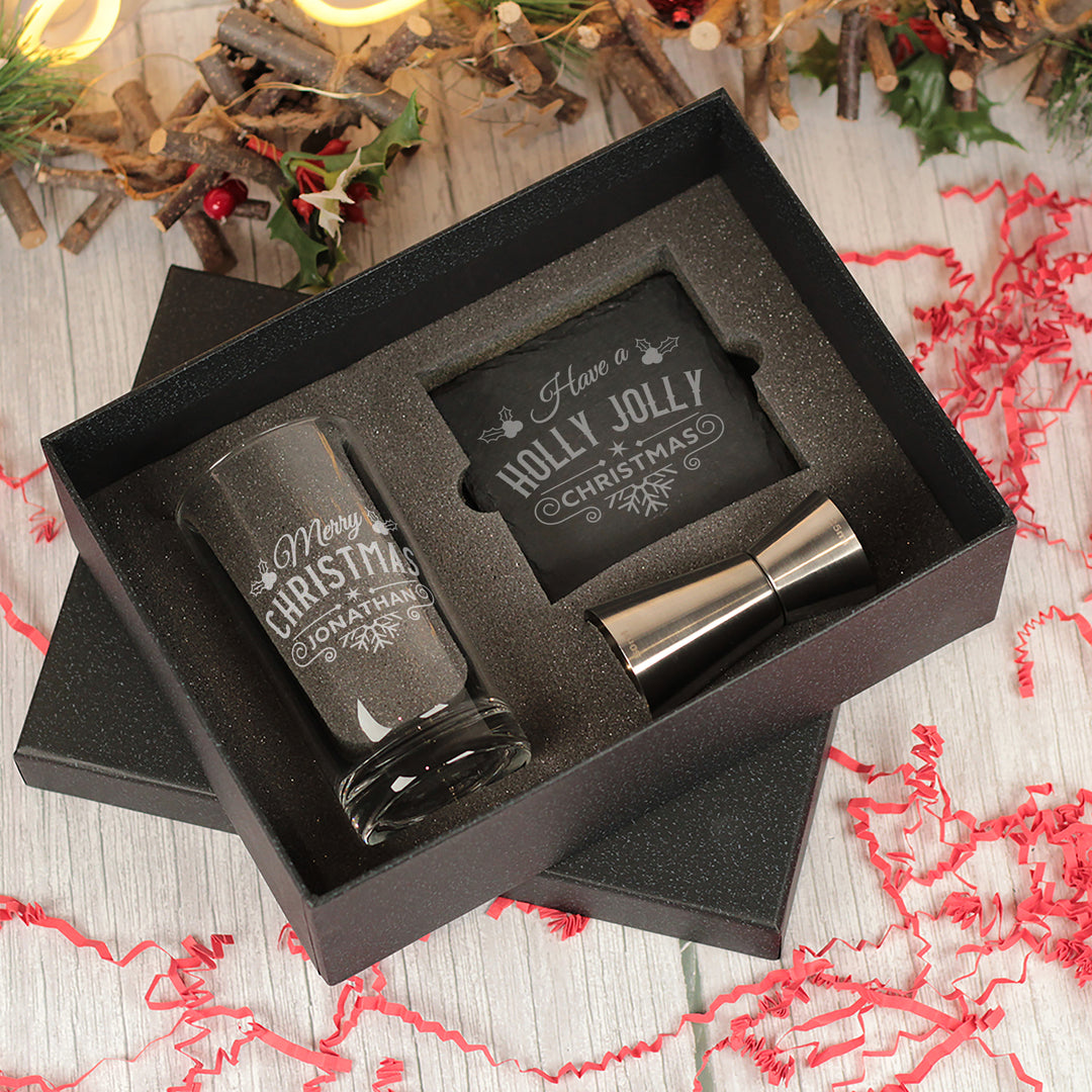 Christmas Holly and Snowflake Highball Glass and Coaster Gift Boxed Set