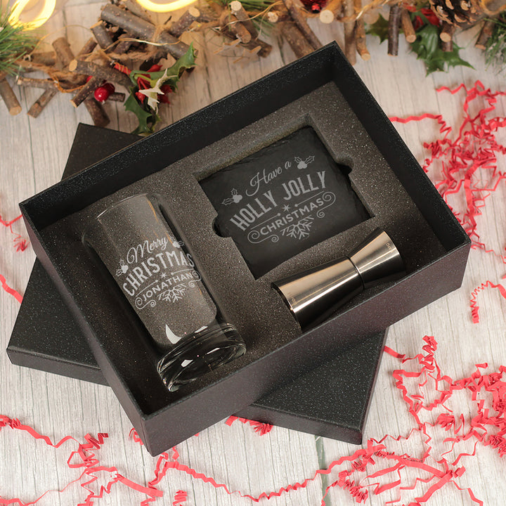Christmas Holly and Snowflake Highball Glass and Coaster Gift Boxed Set