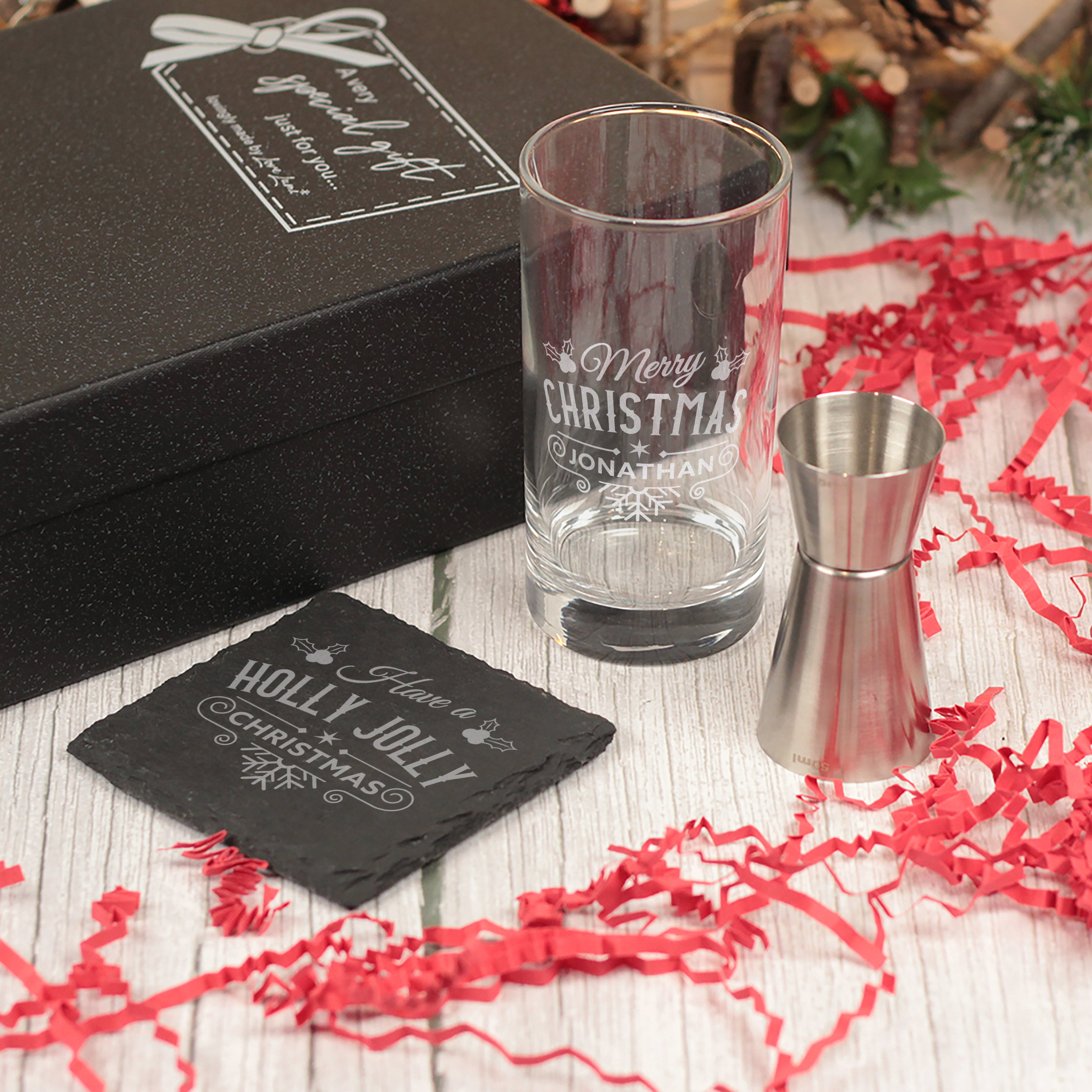 Christmas Holly and Snowflake Highball Glass and Coaster Gift Boxed Set