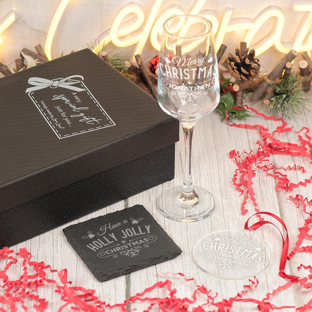 Christmas Holly and Snowflake Champagne Flute with Coaster and Decoration Gift Set