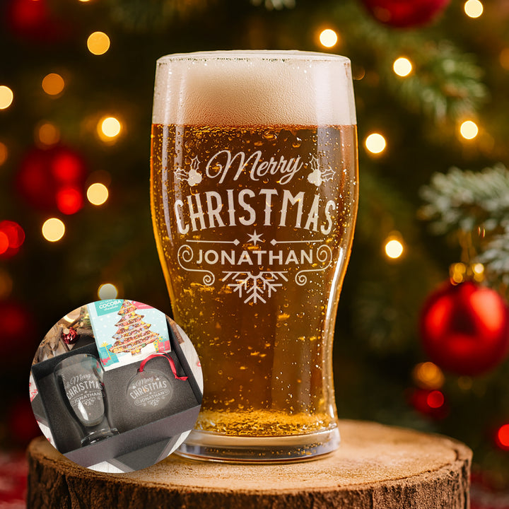Christmas Holly &amp; Snowflake Pint Glass and Gift Boxed Set