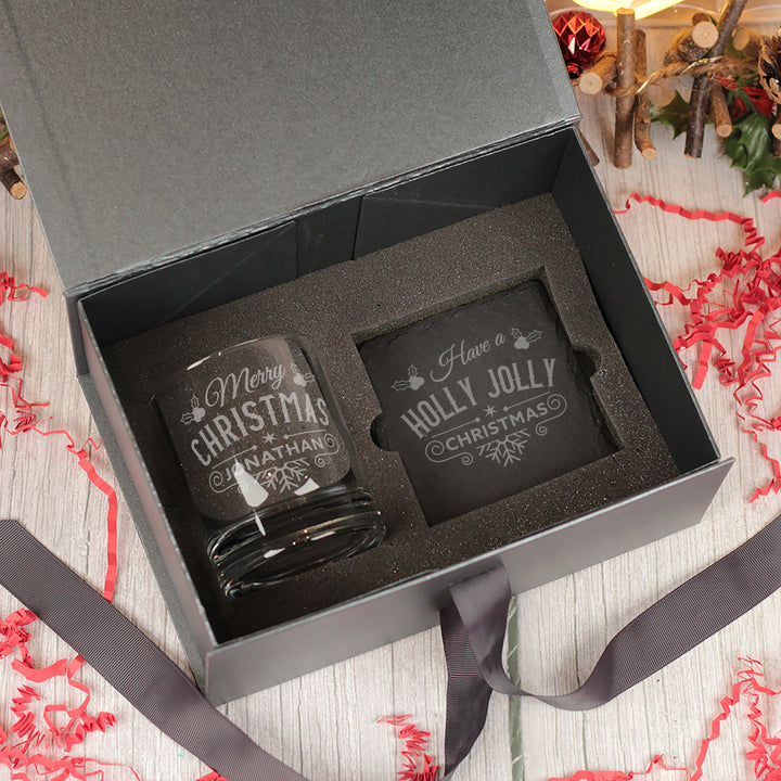 Christmas Holly &amp; Snowflake Tumbler Glass with Gift Boxed Set
