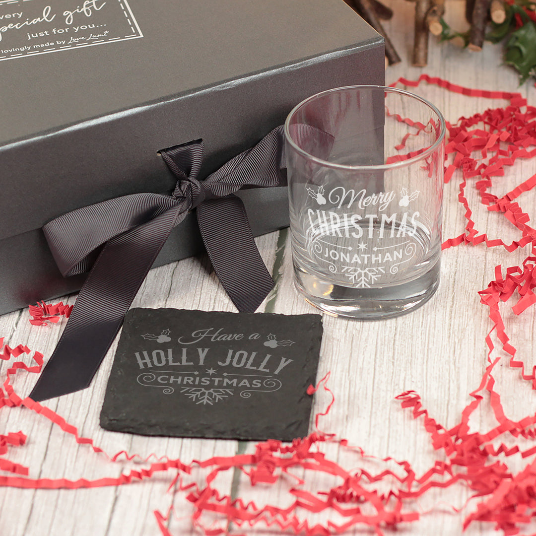 Christmas Holly &amp; Snowflake Tumbler Glass with Gift Boxed Set