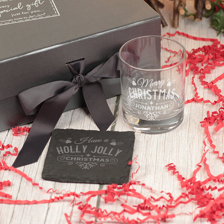 Christmas Holly &amp; Snowflake Tumbler Glass with Gift Boxed Set