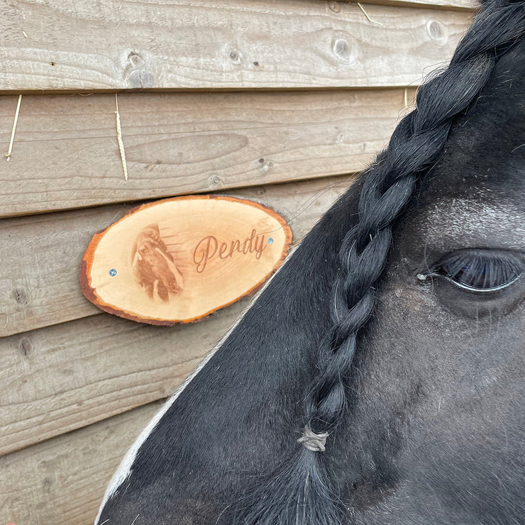 Horse or Pony Engraved Photo Oval Wood Slice Stable Sign