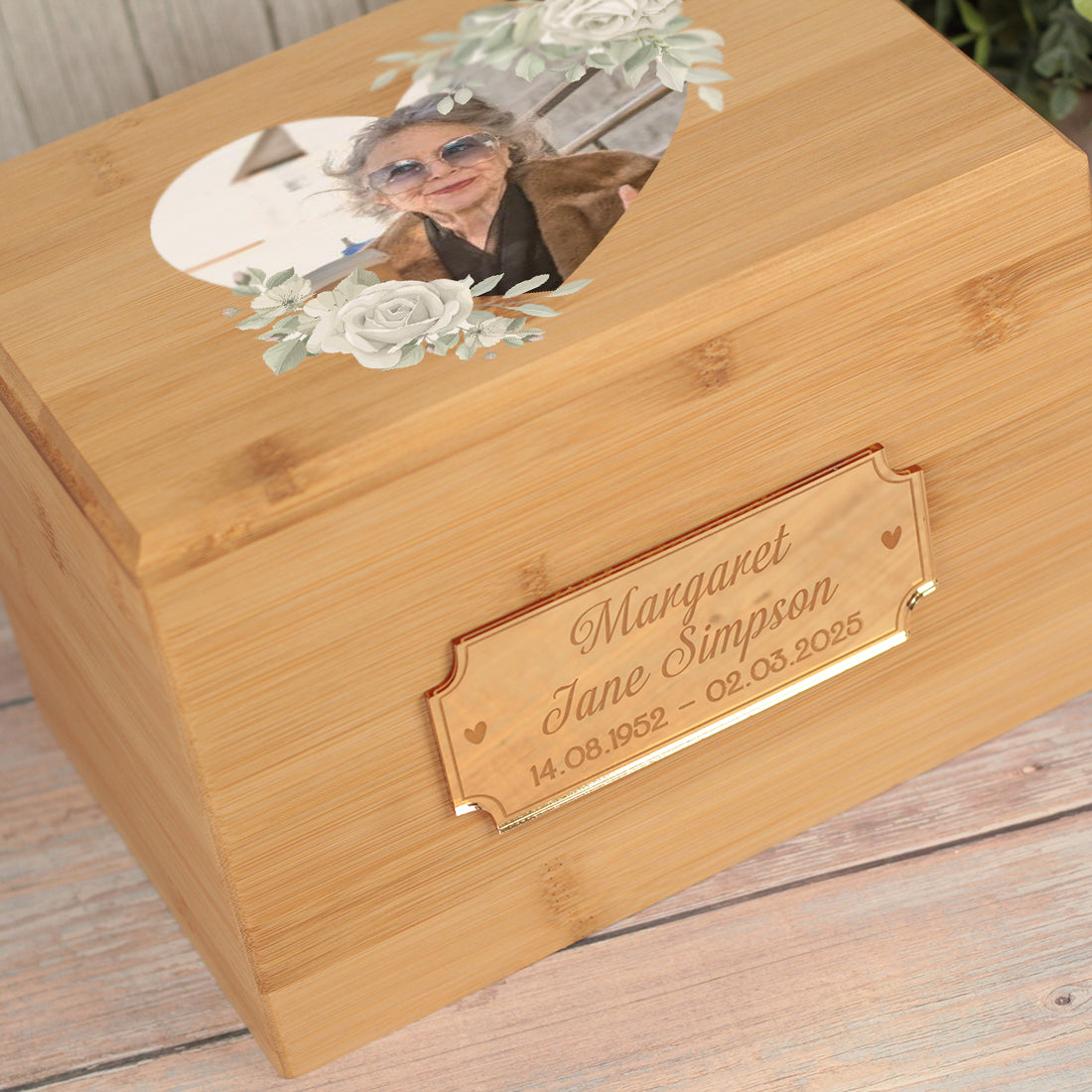 White Rose Floral Photo Wreath and Mirror Plaque Wooden Bamboo Ashes Box