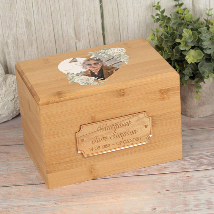 White Rose Floral Photo Wreath and Mirror Plaque Wooden Bamboo Ashes Box