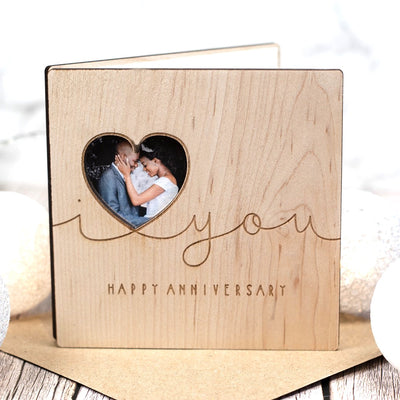 I Love You Wooden Engraved Wedding Anniversary Photo Greetings Card
