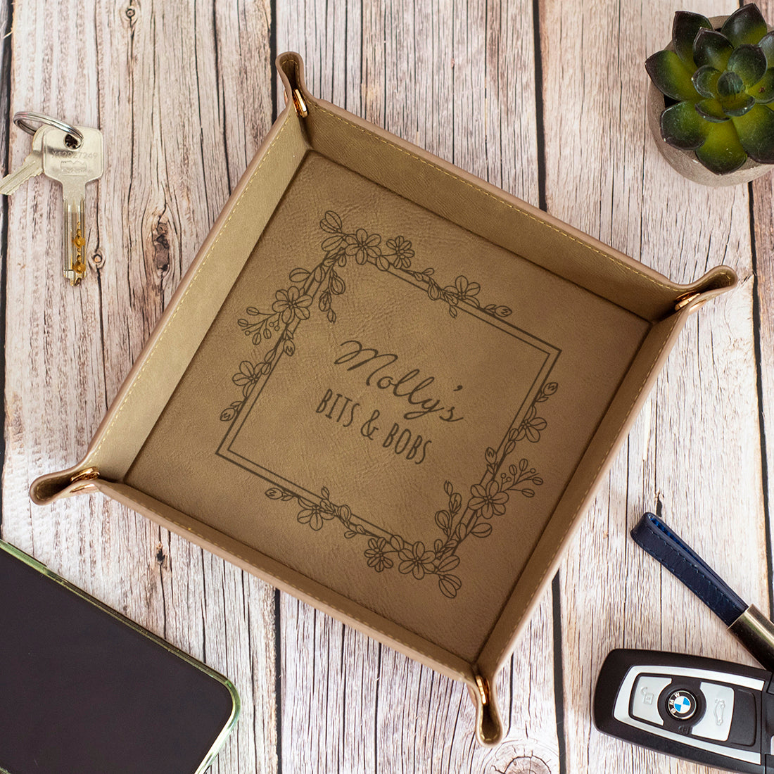 Floral Frame Snap Up PU Leather Desk Tidy Storage Tray-Love Lumi Ltd