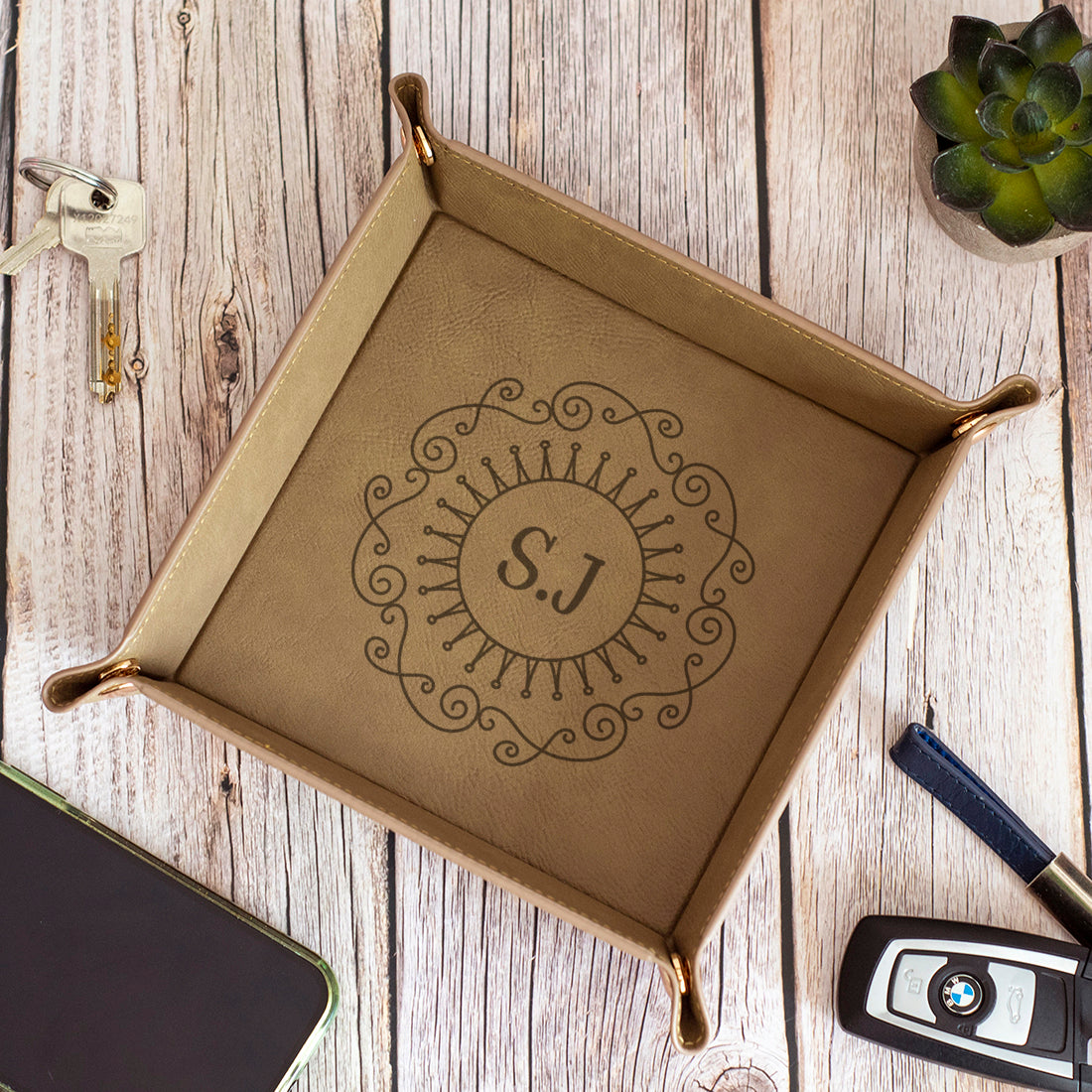 Monogram Initial Snap Up PU Leather Desk Tidy Storage Tray-Love Lumi Ltd