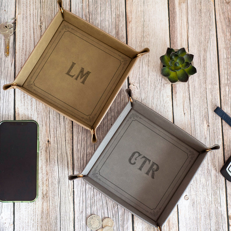 Vintage Initials Snap Up PU Leather Desk Tidy Storage Tray