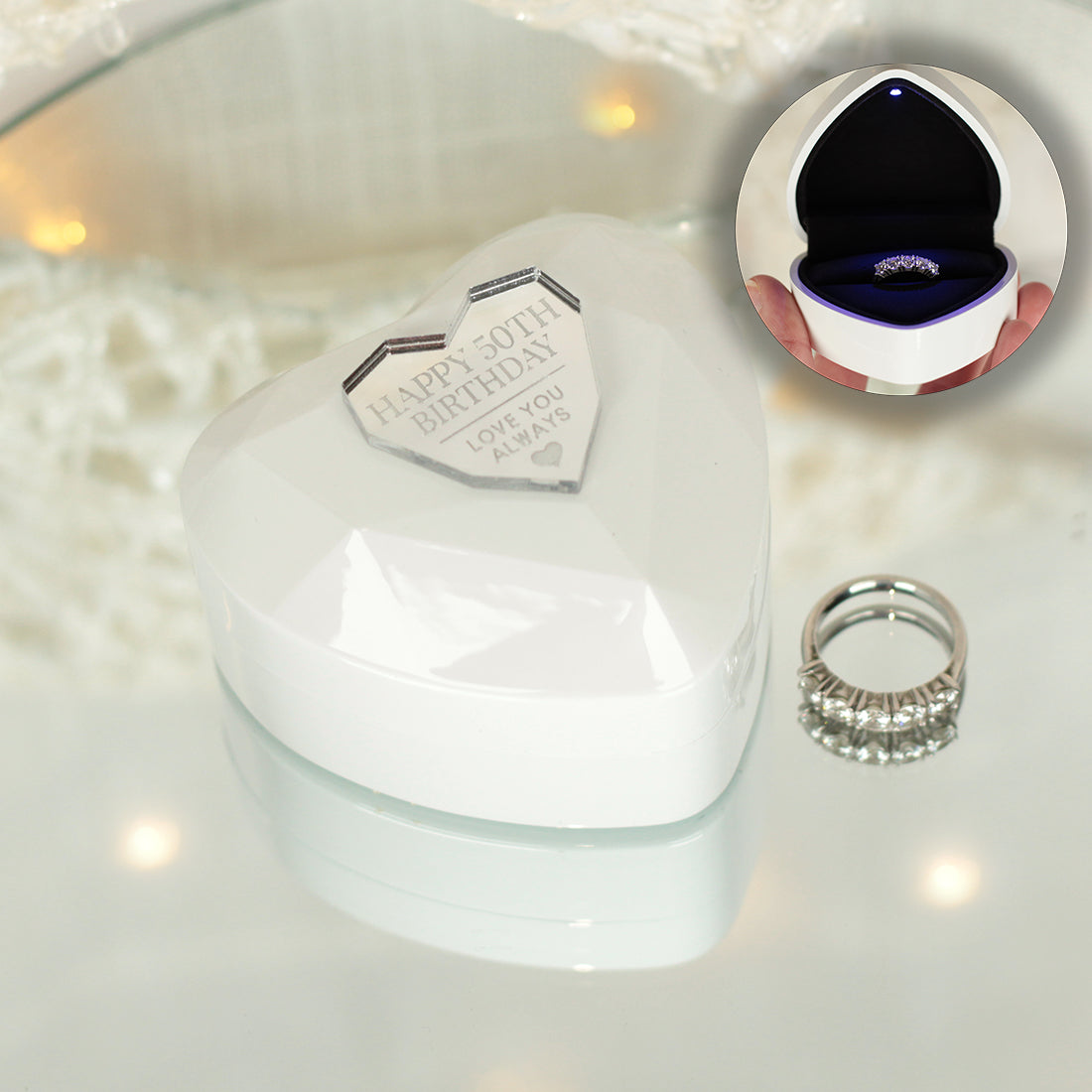 Illuminated White Geometric Heart Birthday Ring or Earring Jewellery Gift Box-Love Lumi Ltd