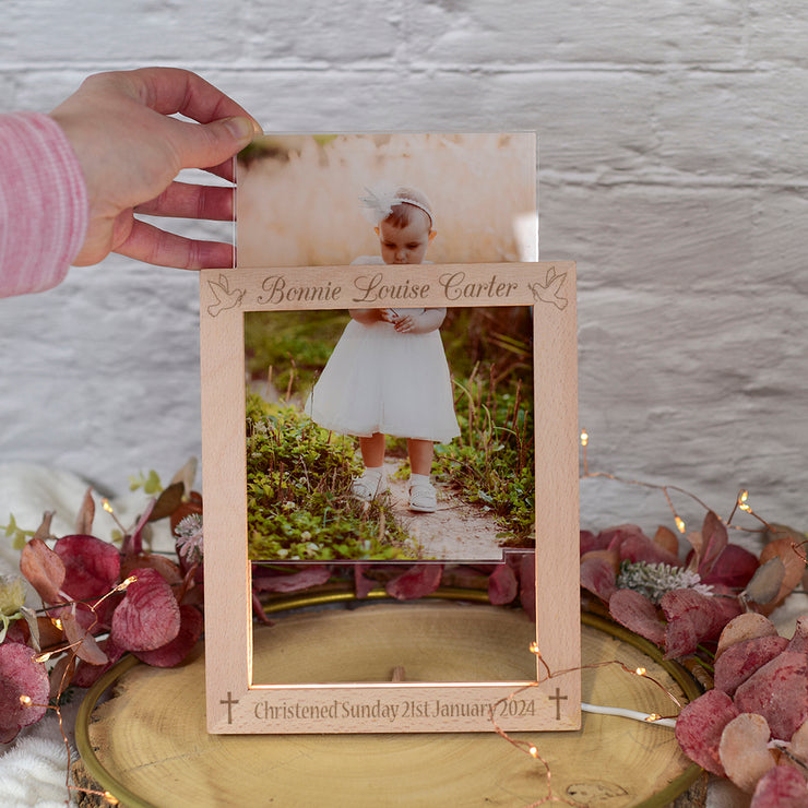 Personalised Christening Baptism Photo Light Up LED Wooden Picture Frame