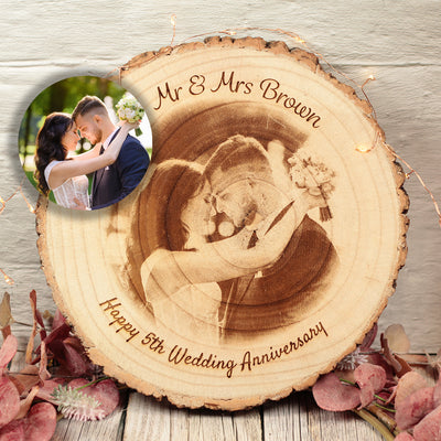 Engraved Wedding 5th Anniversary Photo Tree Log Wood Slice Sign Decoration