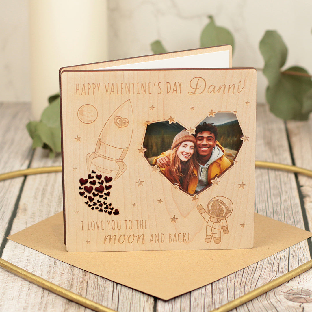 Personalised Valentines Day Love You To The Moon and Back Photo Wooden Engraved Greetings Card-Love Lumi Ltd