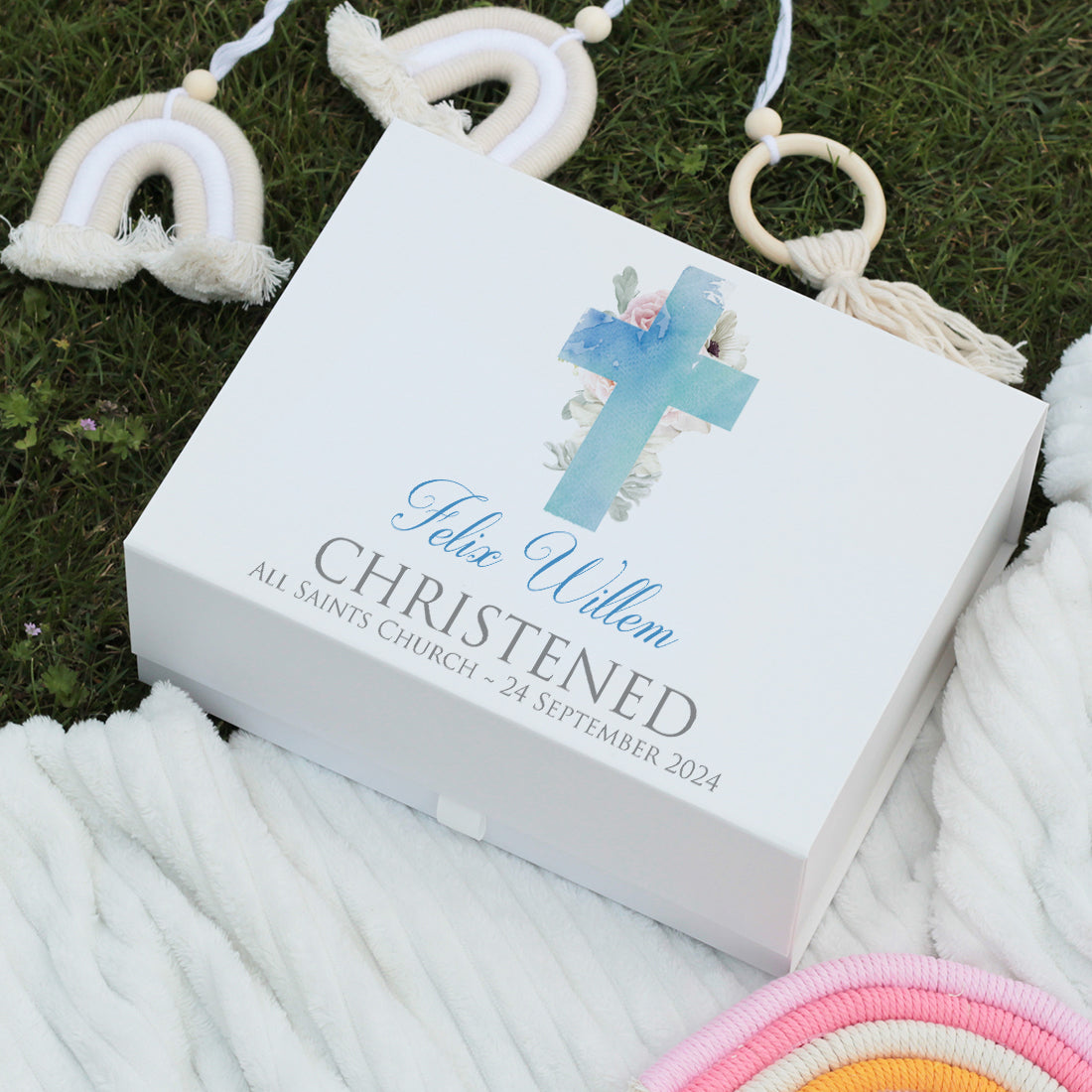 Watercolour Cross Christening Magnetic Keepsake Memory Box-Love Lumi Ltd