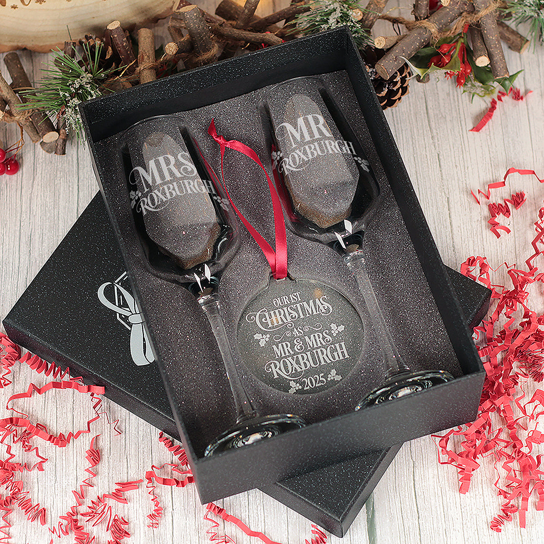 1st Christmas Married Pair of Champagne Flutes and Keepsake Bauble