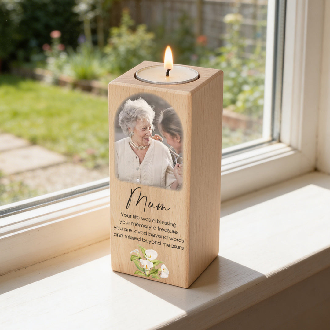 Personalsied Memorial Photo Wooden Pillar Candle Holder