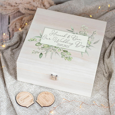 Eucalyptus Wreath Wedding Natural Wooden Memory Keepsake Box-Love Lumi Ltd