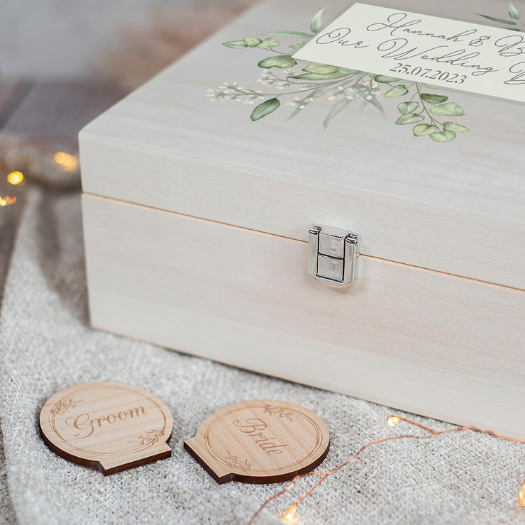 Watercolour Eucalyptus Wedding Natural Wooden Memory Keepsake Box-Love Lumi Ltd