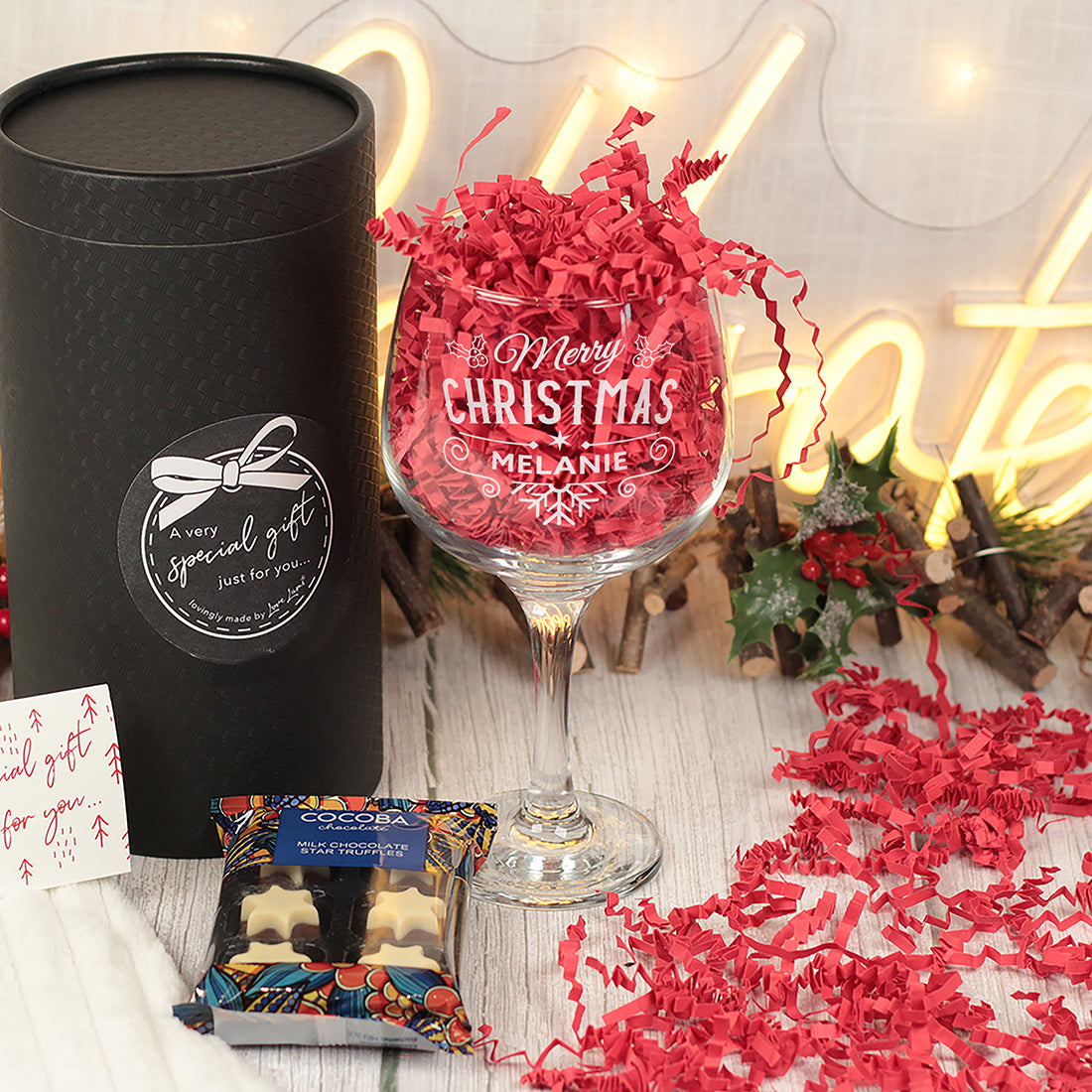 Christmas Holly & Snowflake Gin Glass and Chocolate Truffles Gift Boxed Set