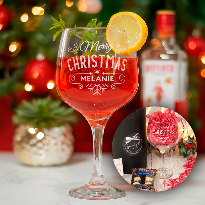 Christmas Holly &amp; Snowflake Gin Glass and Chocolate Truffles Gift Boxed Set