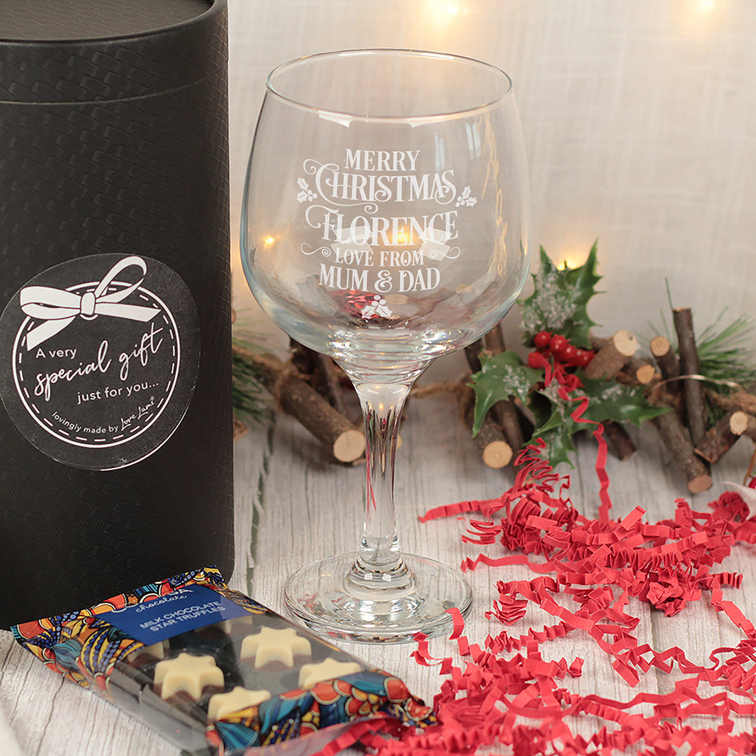 Merry Christmas Message Gin Glass and Chocolate Truffles Gift Boxed Set