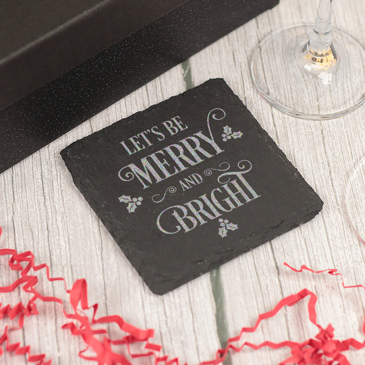Merry Christmas Champagne Flute with Coaster and Decoration Gift Set