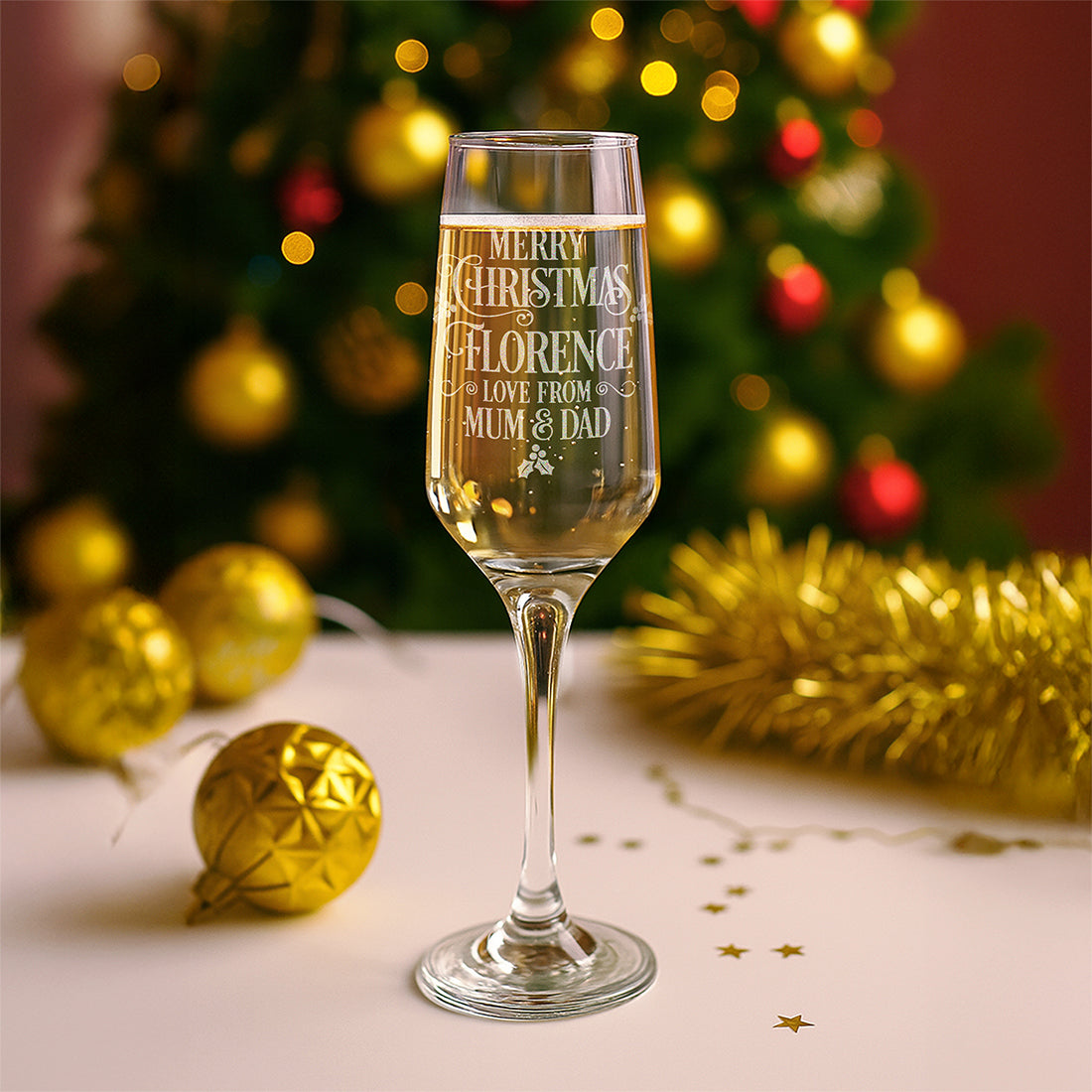 Merry Christmas Champagne Flute with Coaster and Decoration Gift Set