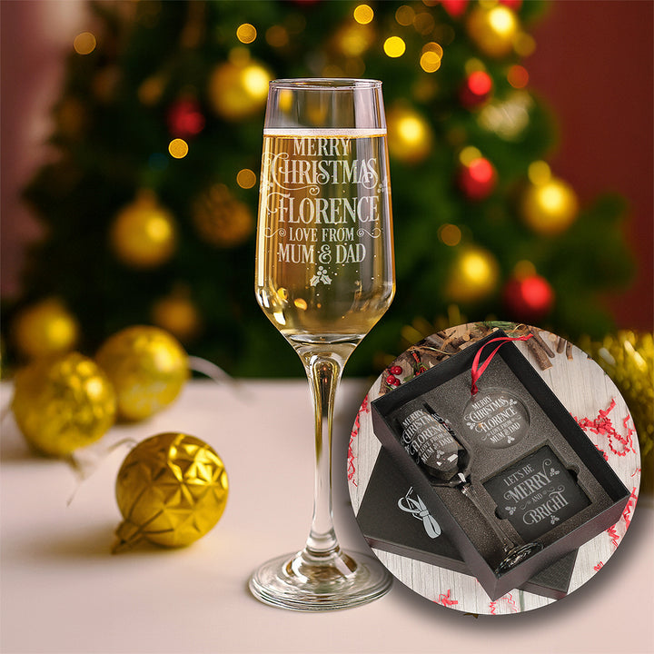 Merry Christmas Champagne Flute with Coaster and Decoration Gift Set