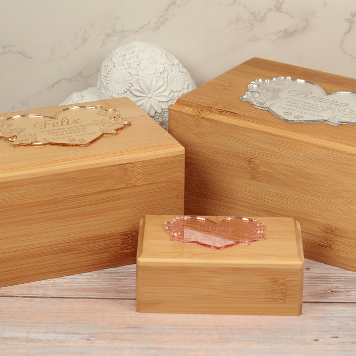 Floral Mirror Heart Wooden Bamboo Pet Ashes Casket-Love Lumi Ltd
