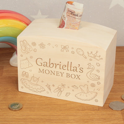 Ballerina Ballet Dancer Engraved Wooden Money Saving Box Piggy Bank