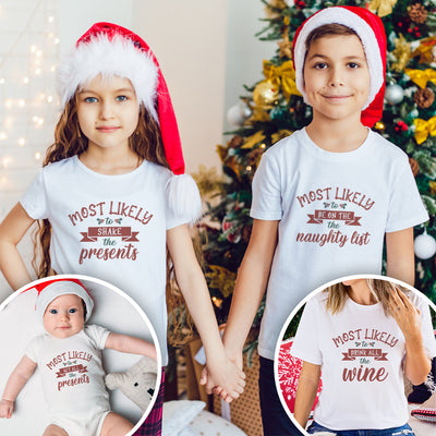 Personalised Most Likely To Family Matching Christmas T-Shirts and Baby Grow Set