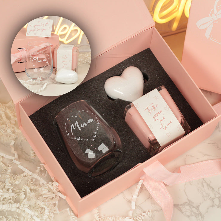 Mother's Day Heart Stemless Glass Pink Pamper Gift Set