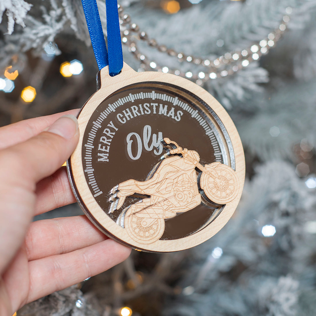 Motorbike Silhouette 3D Wood and Mirror Christmas Tree Decoration Bauble-Love Lumi Ltd