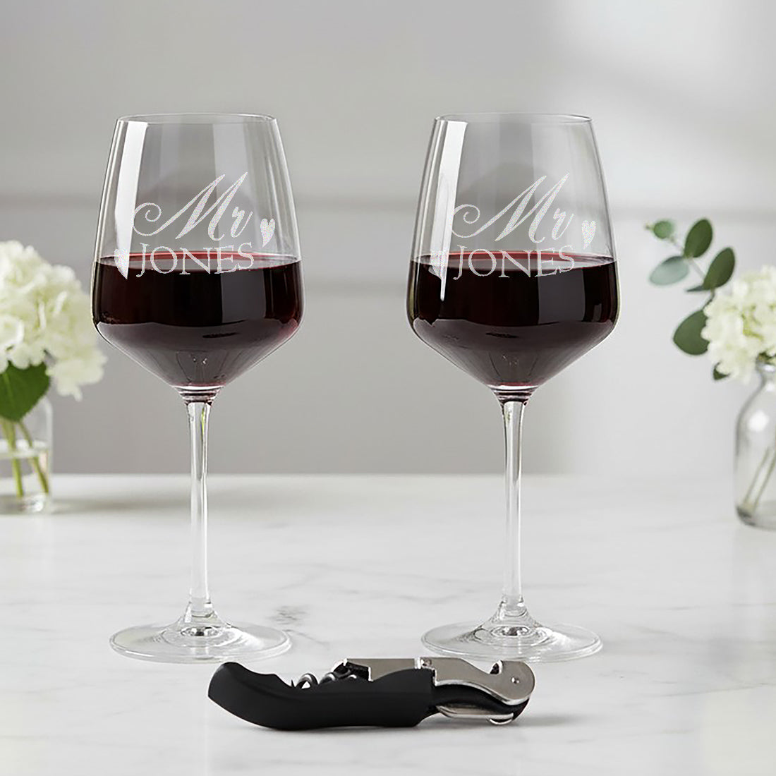 Mr And Mrs Love Heart Pair Of Stemmed Wine Glasses