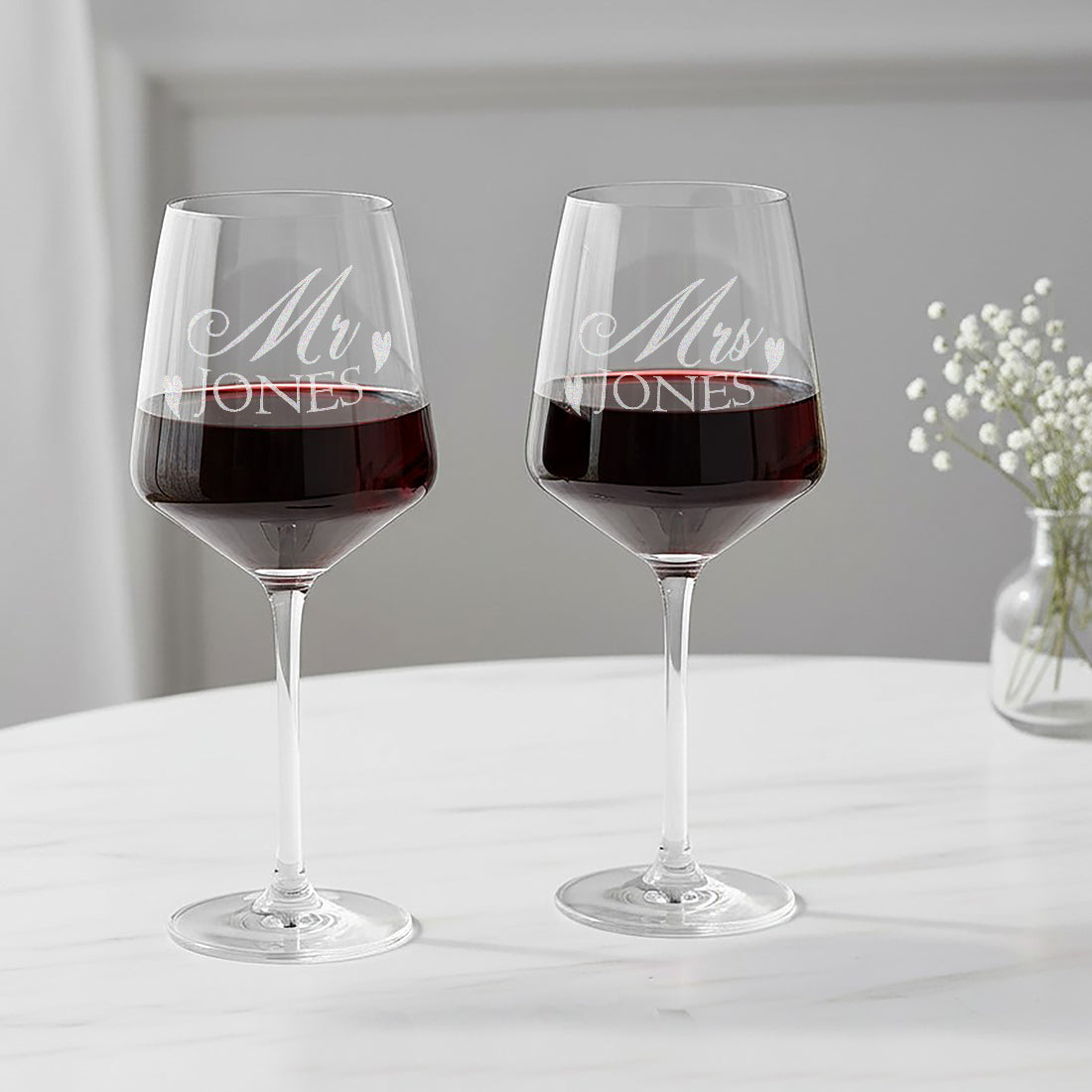 Mr And Mrs Love Heart Pair Of Stemmed Wine Glasses
