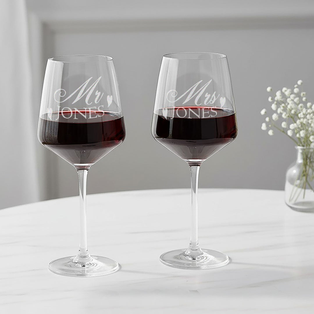 Mr And Mrs Love Heart Pair Of Stemmed Wine Glasses