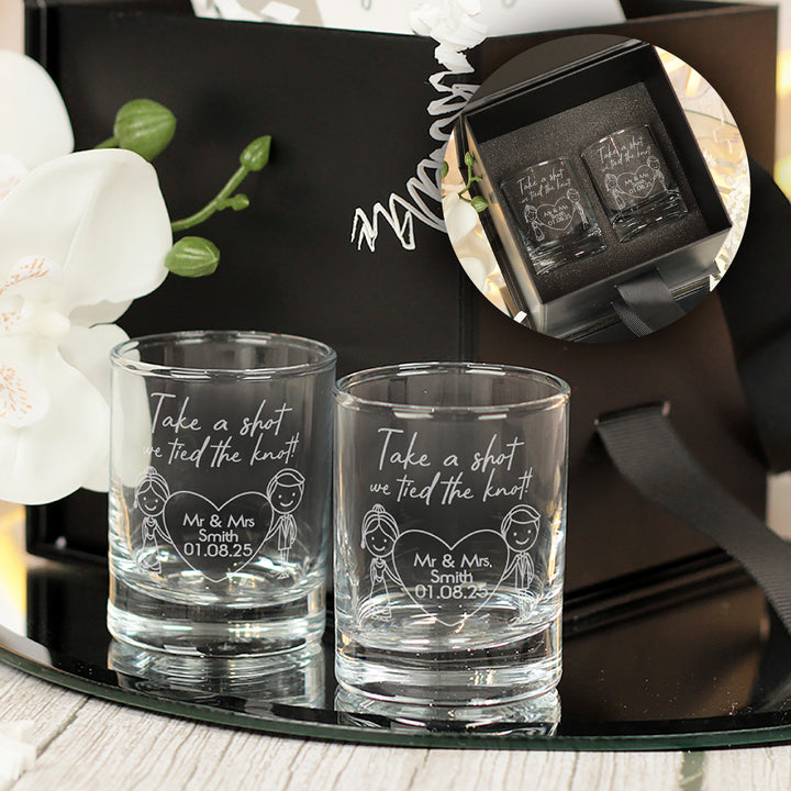 Pair of Mr &amp; Mrs Caricatures Wedding Gift Shot Glasses