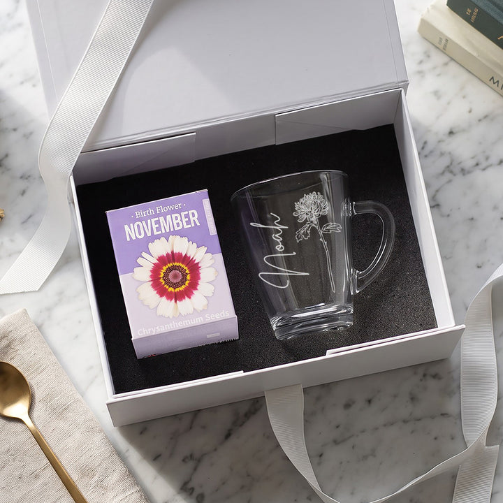 Birth Flower Seeds And Glass Mug Birthday Gift Set