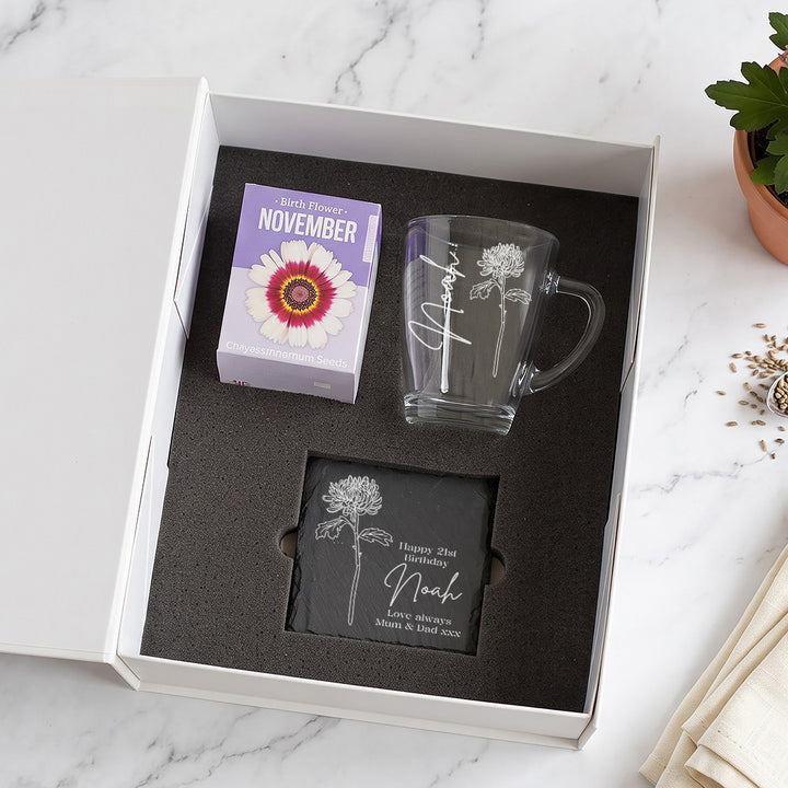 Birth Flower Seeds And Glass Mug Birthday Gift Set